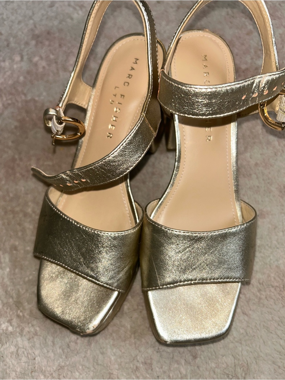 Marc Fisher Metallic Gold Block Heel Sandals with Square Toe